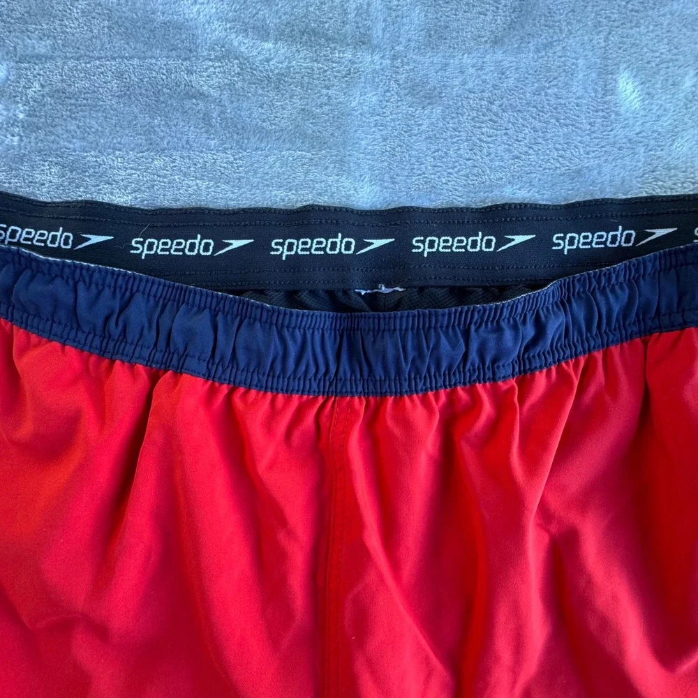 Speedo Running Shorts Mens L Red Blue‎ Retro Split Hem Mesh Lined 5